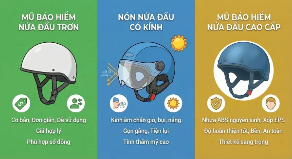 Các loại mũ bảo hiểm nửa đầu phổ biến