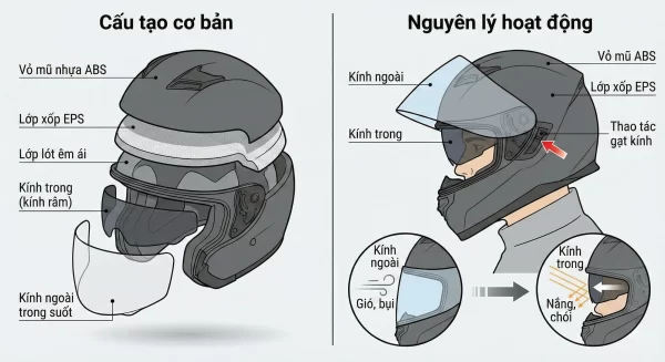 Cấu tạo và nguyên lý hoạt động của mũ bảo hiểm 2 kính