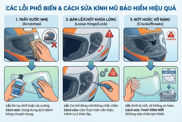 Các lỗi phổ biến và cách sửa kính mũ bảo hiểm hiệu quả