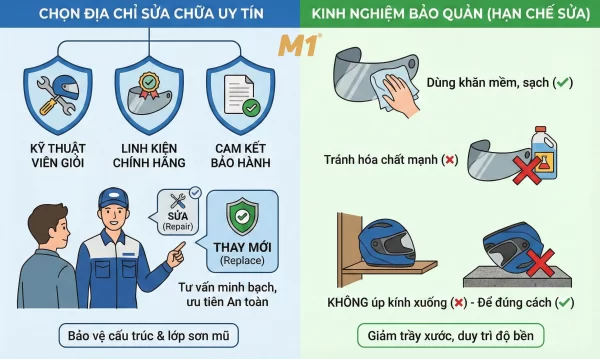 Cách chọn địa chỉ sửa kính mũ bảo hiểm uy tín và kinh nghiệm bảo quản