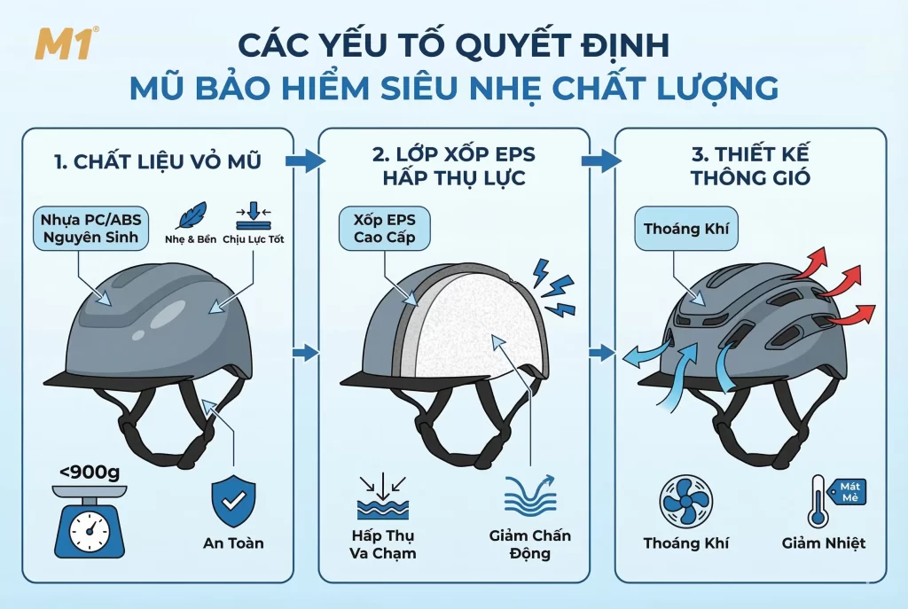 Các yếu tố quyết định một chiếc mũ bảo hiểm siêu nhẹ chất lượng