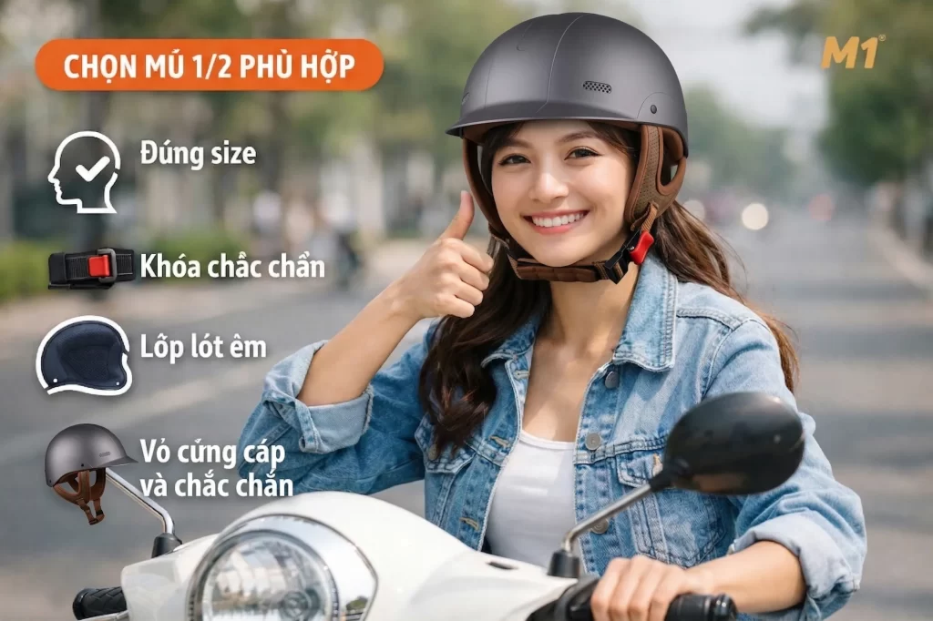 Cách chọn mũ bảo hiểm 1/2 phù hợp