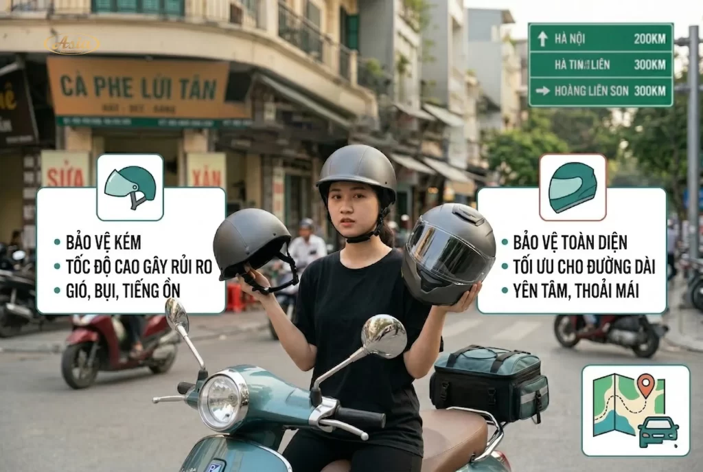 Có nên dùng mũ bảo hiểm nửa đầu khi đi xa không