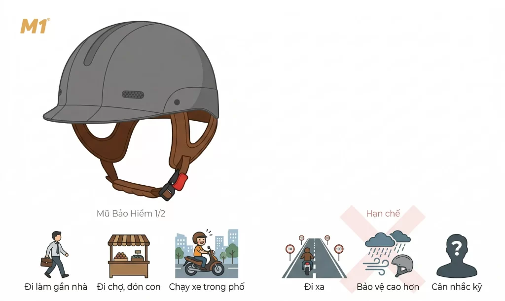 Khi nào nên dùng mũ bảo hiểm 1/2?