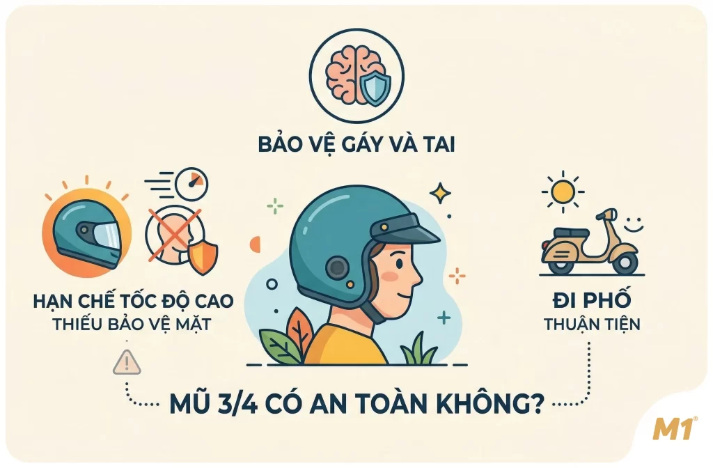 Mũ bảo hiểm 3/4 đầu có an toàn không