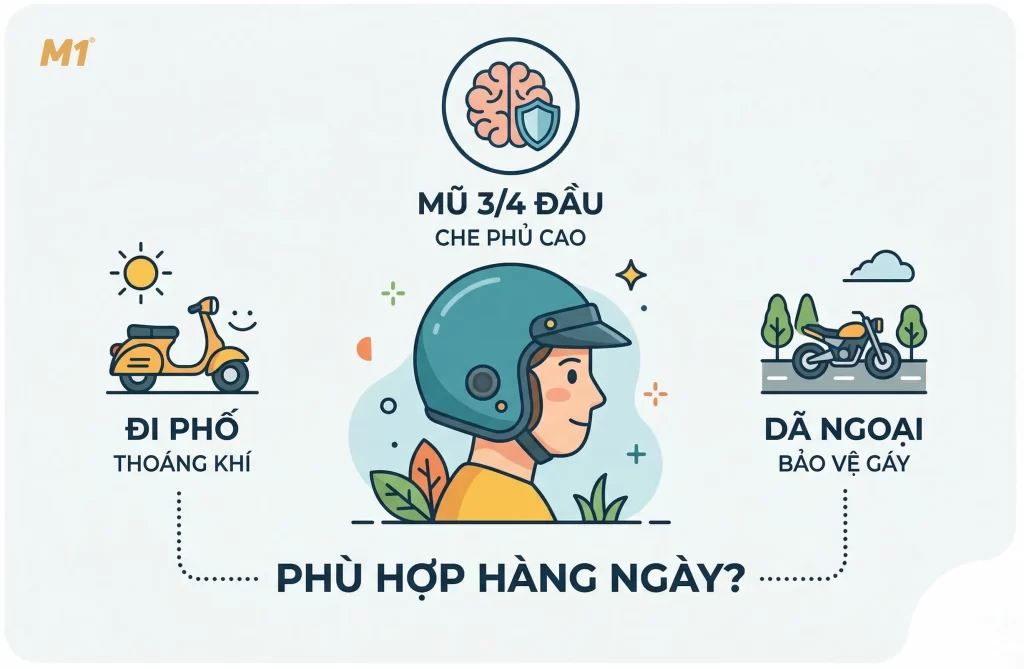 Mũ bảo hiểm 3/4 đầu là gì và có phù hợp sử dụng hằng ngày không