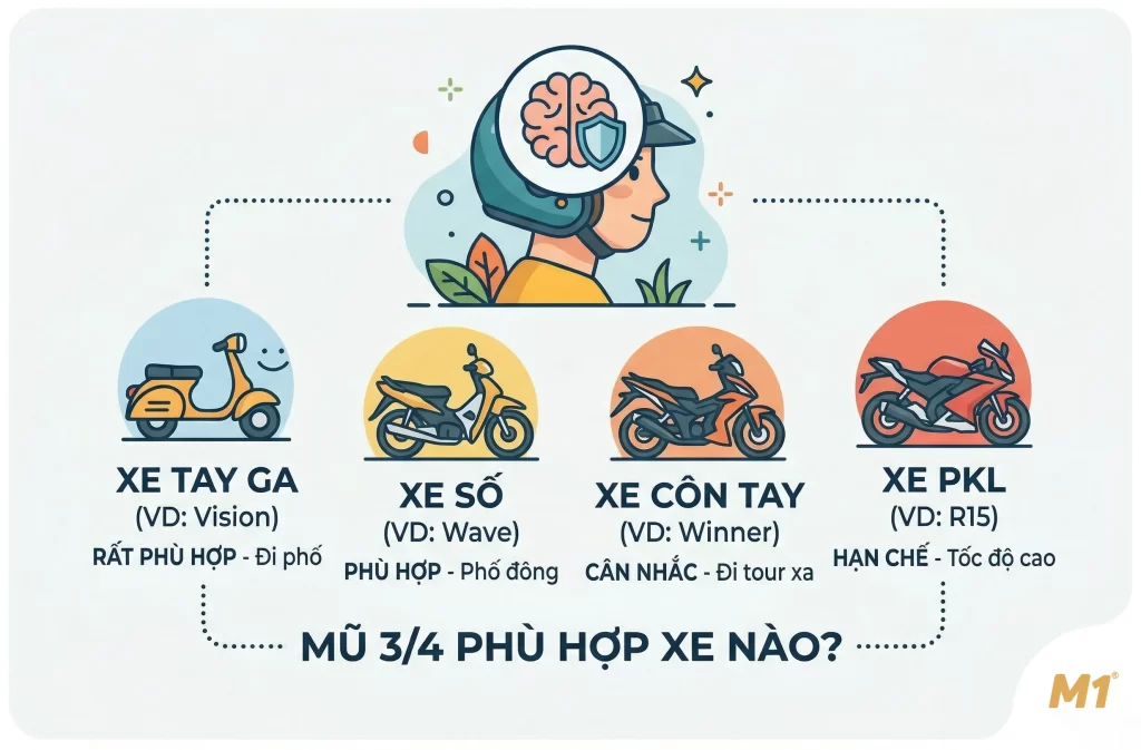 Mũ bảo hiểm 3/4 đầu phù hợp với xe gì
