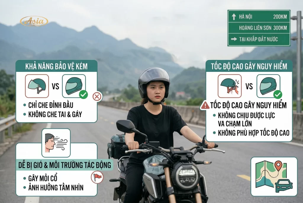 Mũ bảo hiểm nửa đầu có an toàn không khi đi đường dài