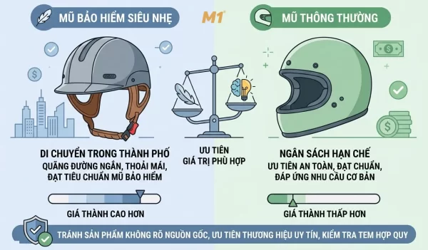 Nên chọn mũ bảo hiểm siêu nhẹ hay mũ thông thường theo ngân sách
