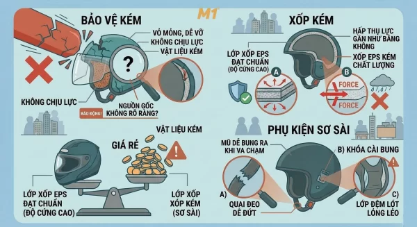 Nguy cơ mất an toàn từ mũ bảo hiểm siêu nhẹ kém chất lượng