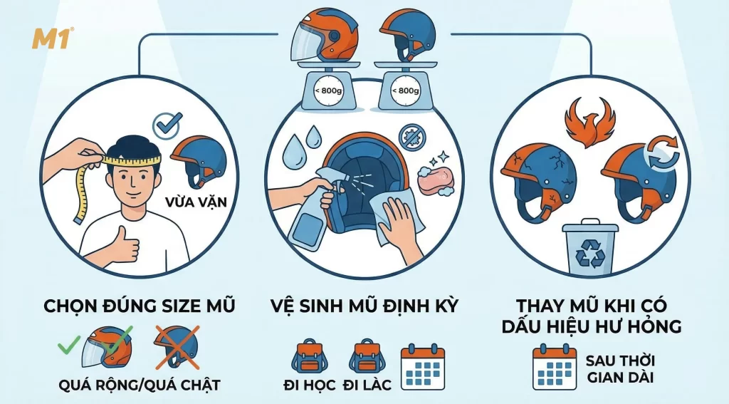 Những lưu ý khi sử dụng mũ bảo hiểm nhẹ dưới 800g