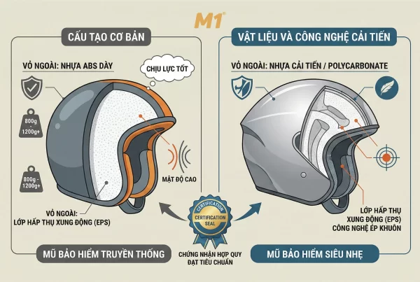 So sánh cấu tạo giữa mũ bảo hiểm siêu nhẹ và mũ bảo hiểm truyền thống