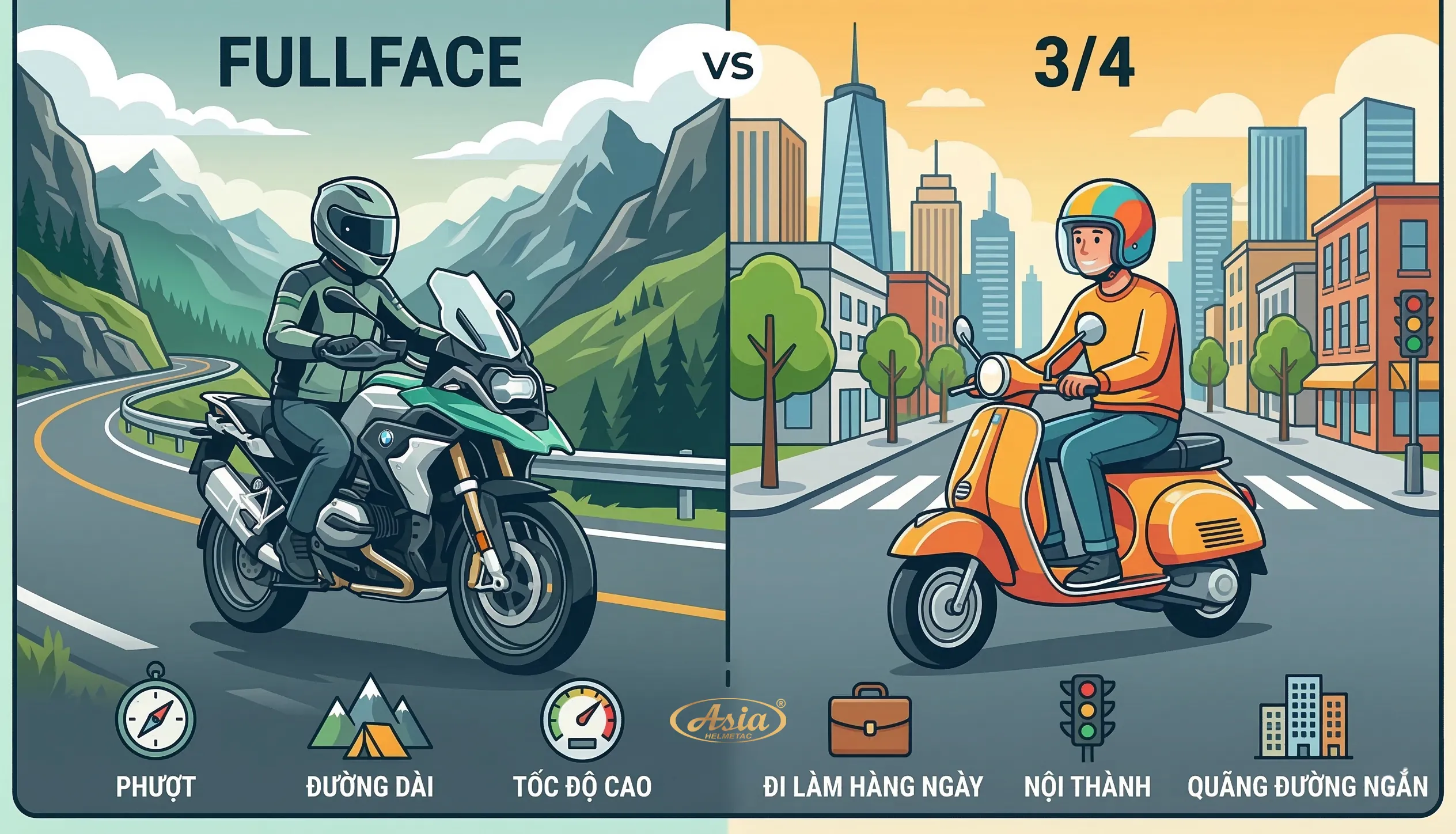 So sánh mũ bảo hiểm fullface và 3/4 về mục đích sử dụng