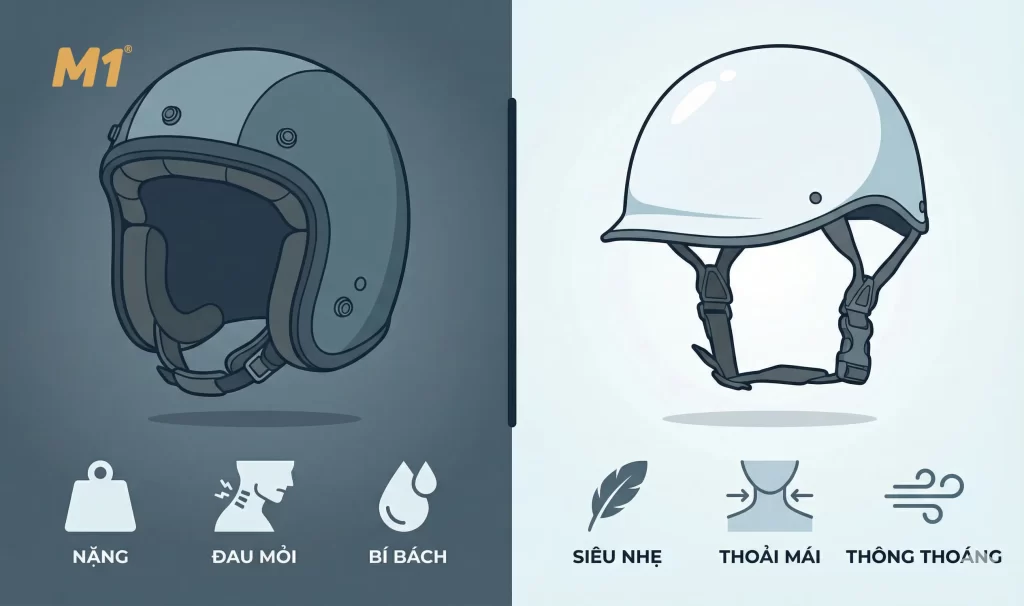 So sánh mũ bảo hiểm siêu nhẹ với mữ bảo hiểm thông thường