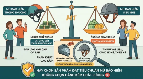 So sánh trực tiếp giá thành mũ bảo hiểm siêu nhẹ và mũ thông thường