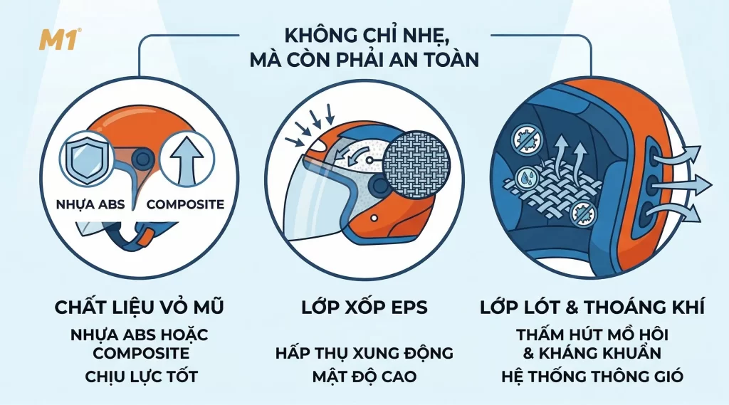 Tiêu chí chọn mũ bảo hiểm nhẹ dưới 800g an toàn