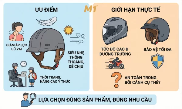 Ưu điểm và giới hạn thực tế của mũ bảo hiểm siêu nhẹ