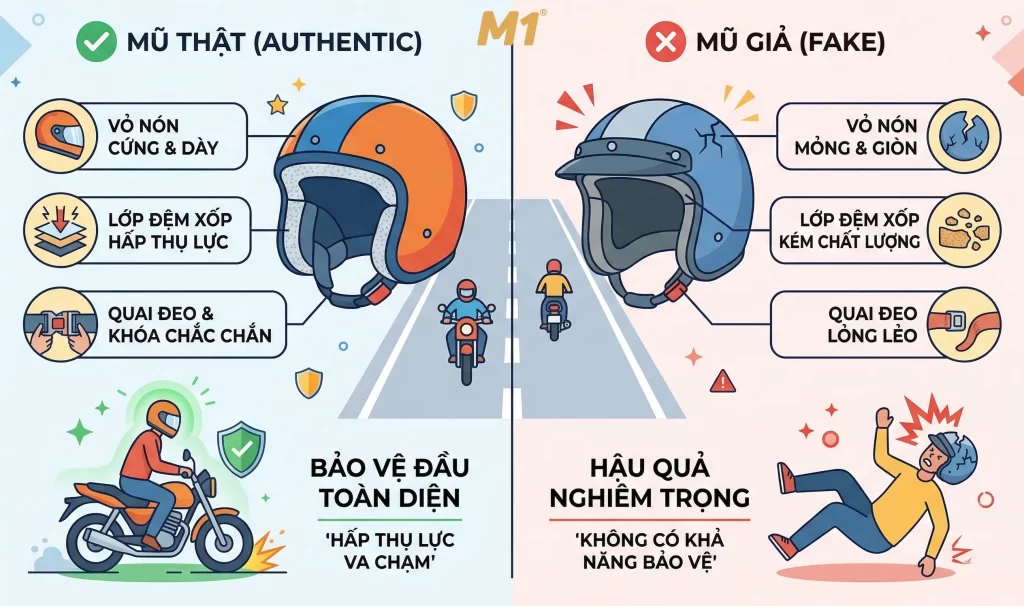 Vì sao cần phân biệt mũ bảo hiểm thật và giả