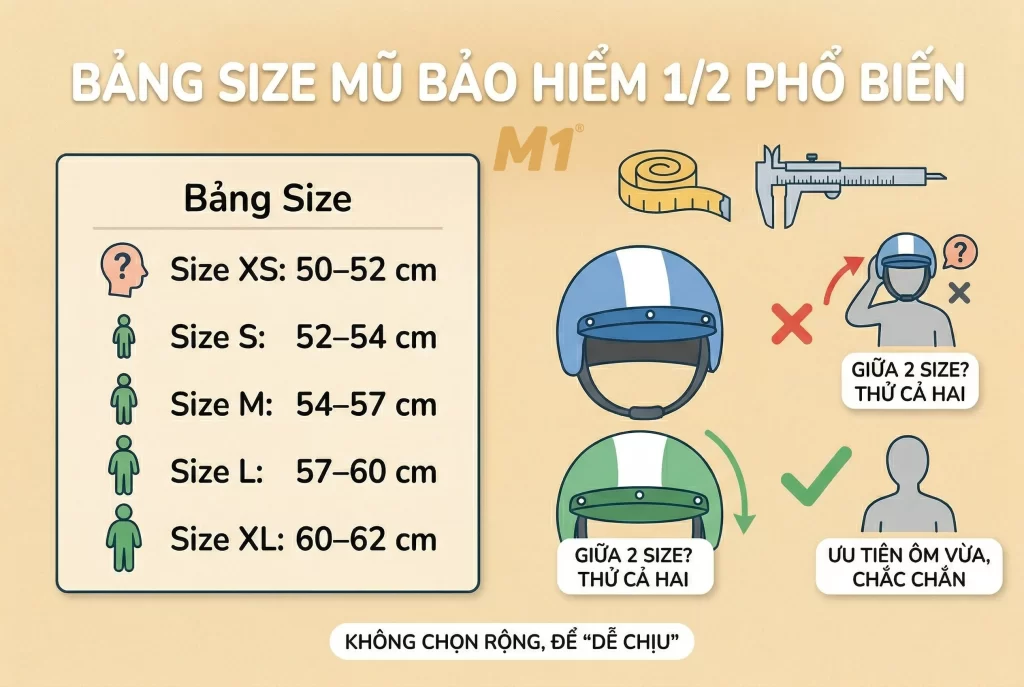 Bảng size mũ bảo hiểm 1/2 phổ biến