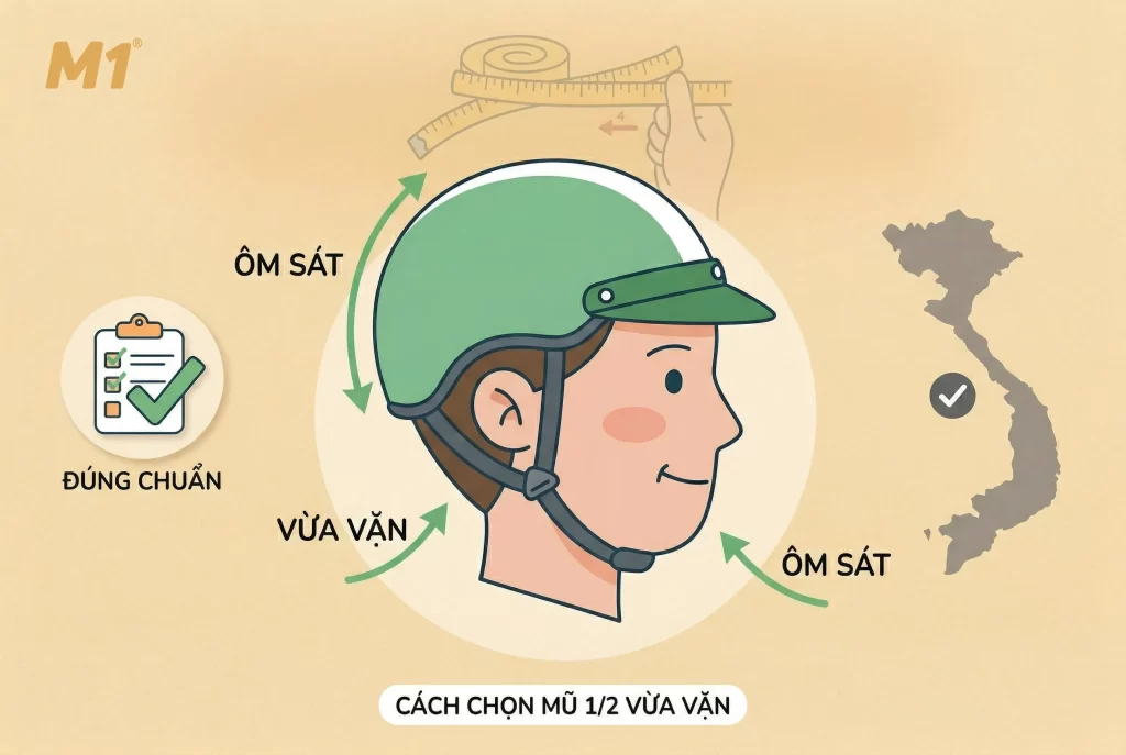 Cách chọn mũ bảo hiểm 1 2 đúng size chuẩn nhất cho người Việt