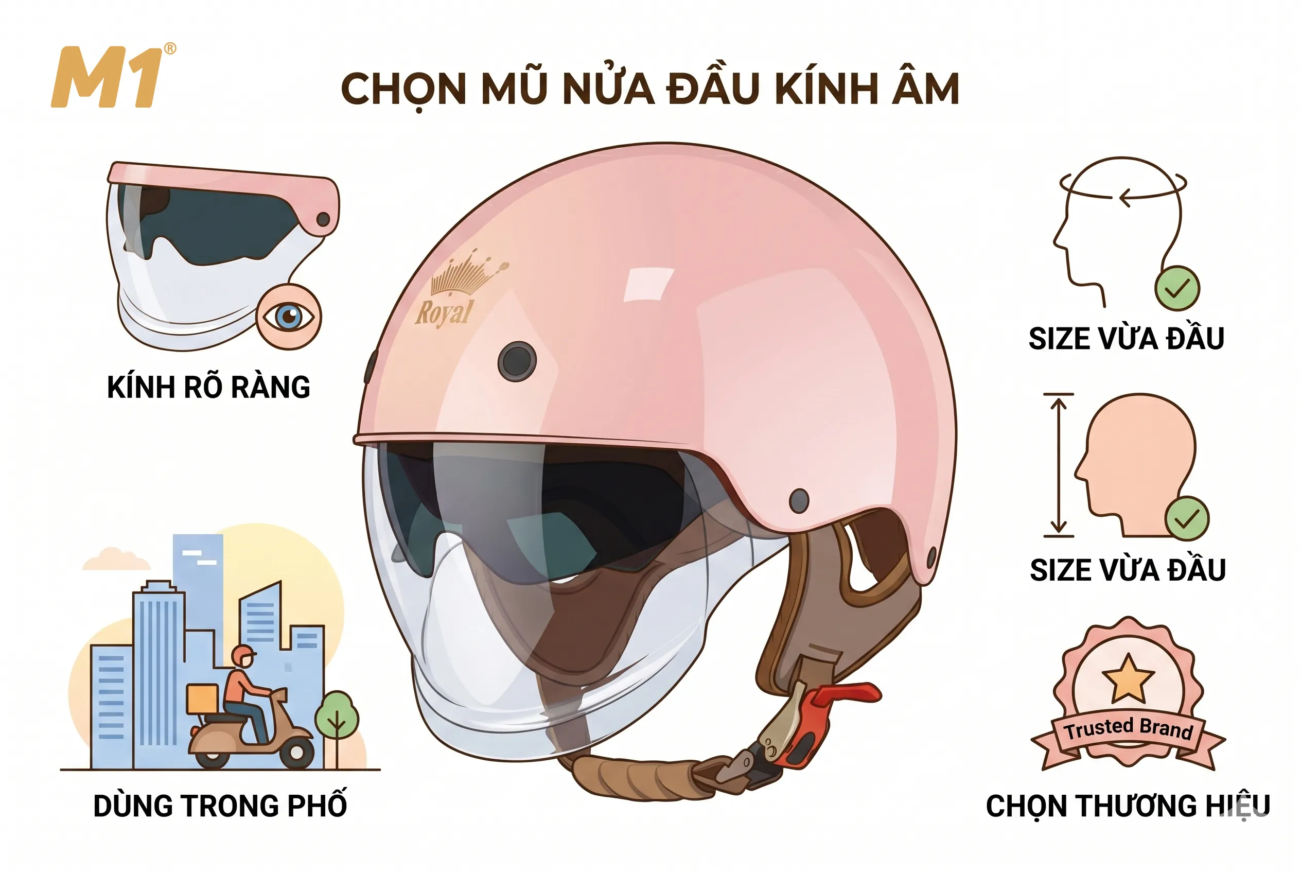 Cách chọn mũ bảo hiểm nửa đầu kính âm phù hợp
