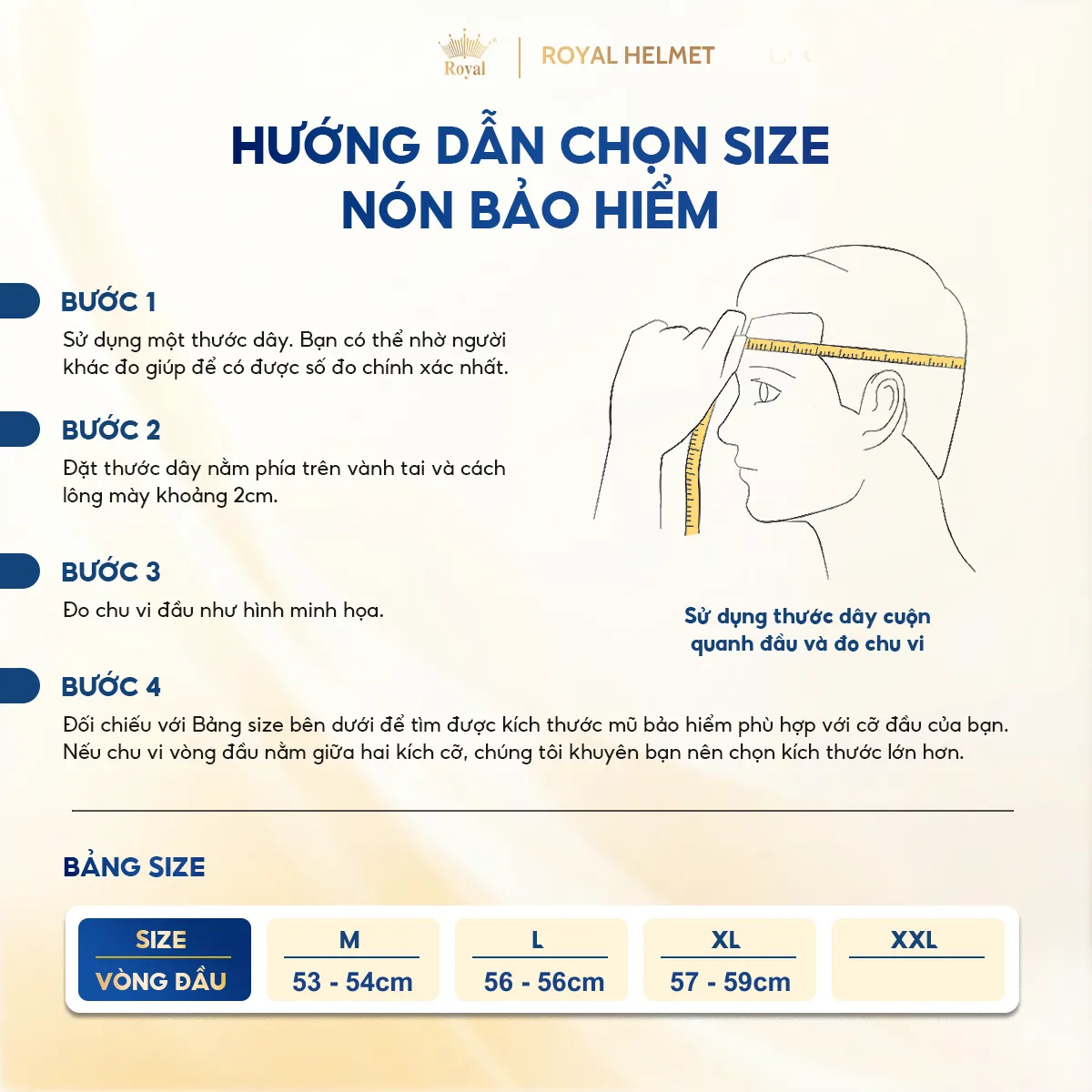 Bảng size mũ bảo hiểm 1/2 phổ biến