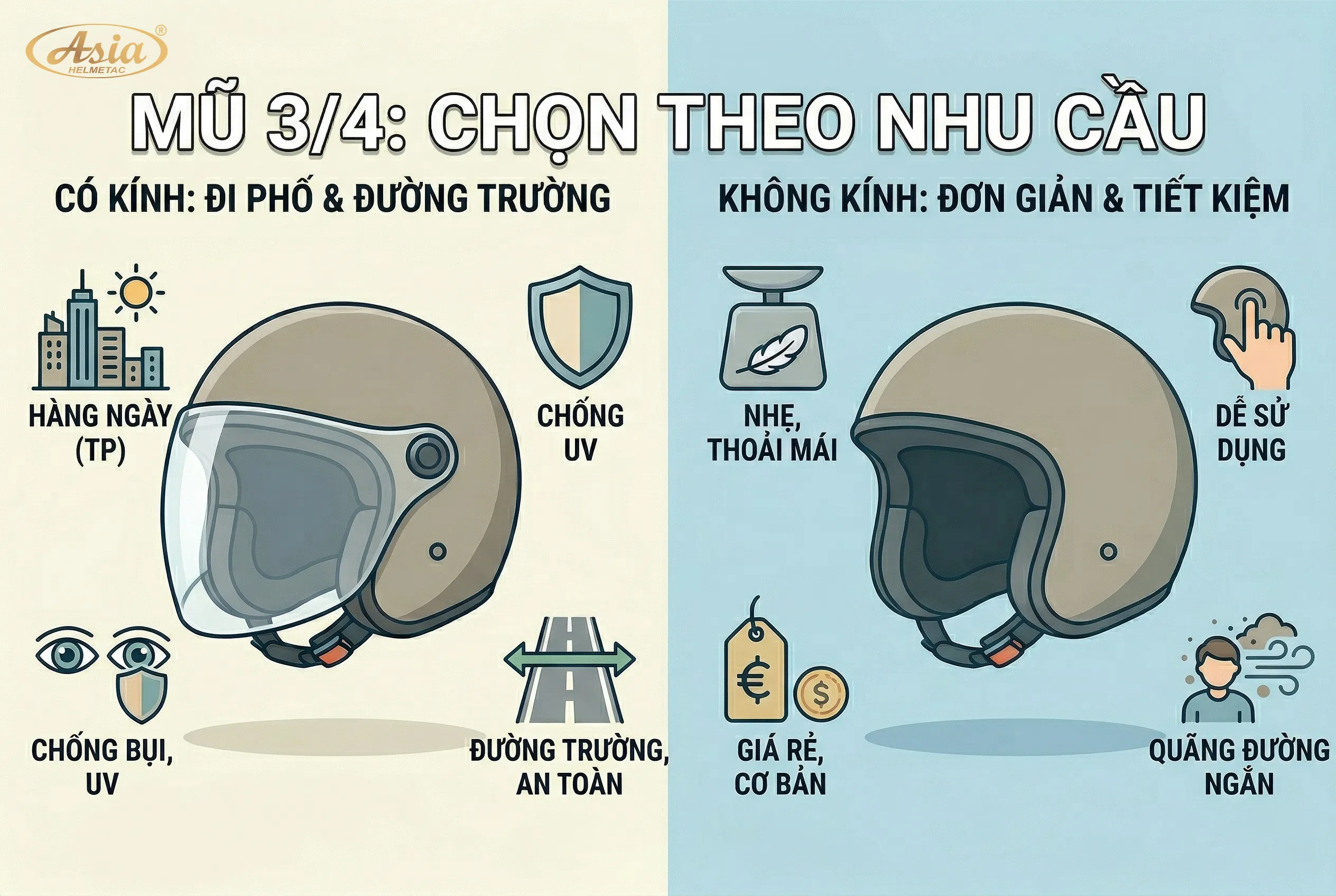 Mũ 3/4 có kính và không kính nên chọn loại nào theo nhu cầu