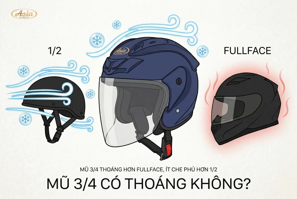 Mũ bảo hiểm 3/4 có thoáng không