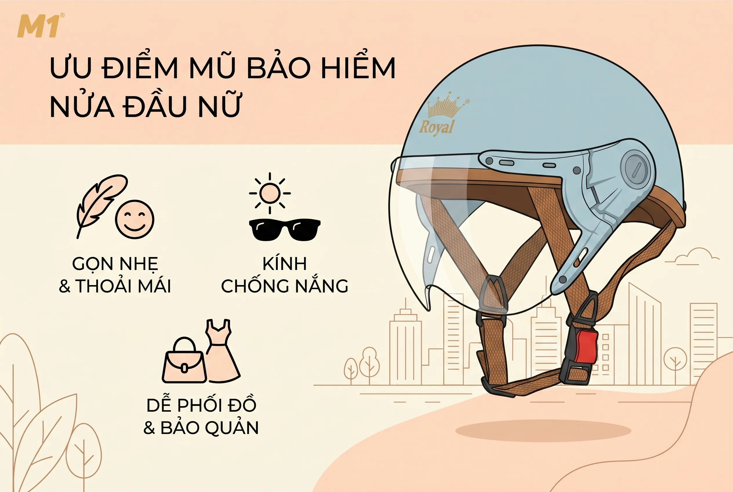 Ưu điểm của mũ bảo hiểm nửa đầu có kính cho nữ