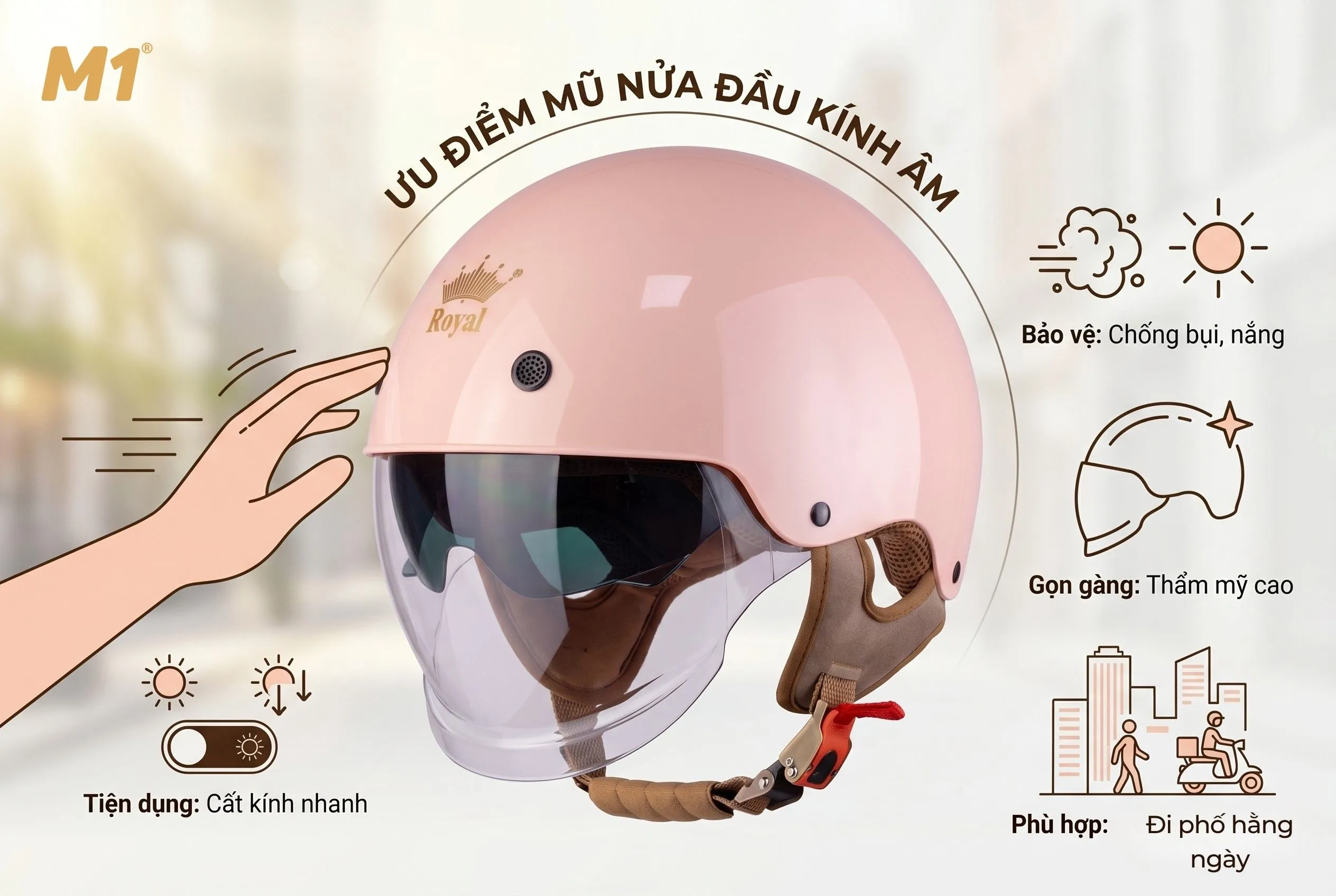 Ưu điểm của mũ bảo hiểm nửa đầu kính âm