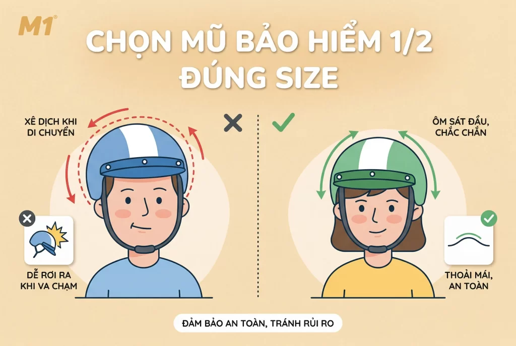Vì sao cần chọn mũ bảo hiểm 1/2 đúng size
