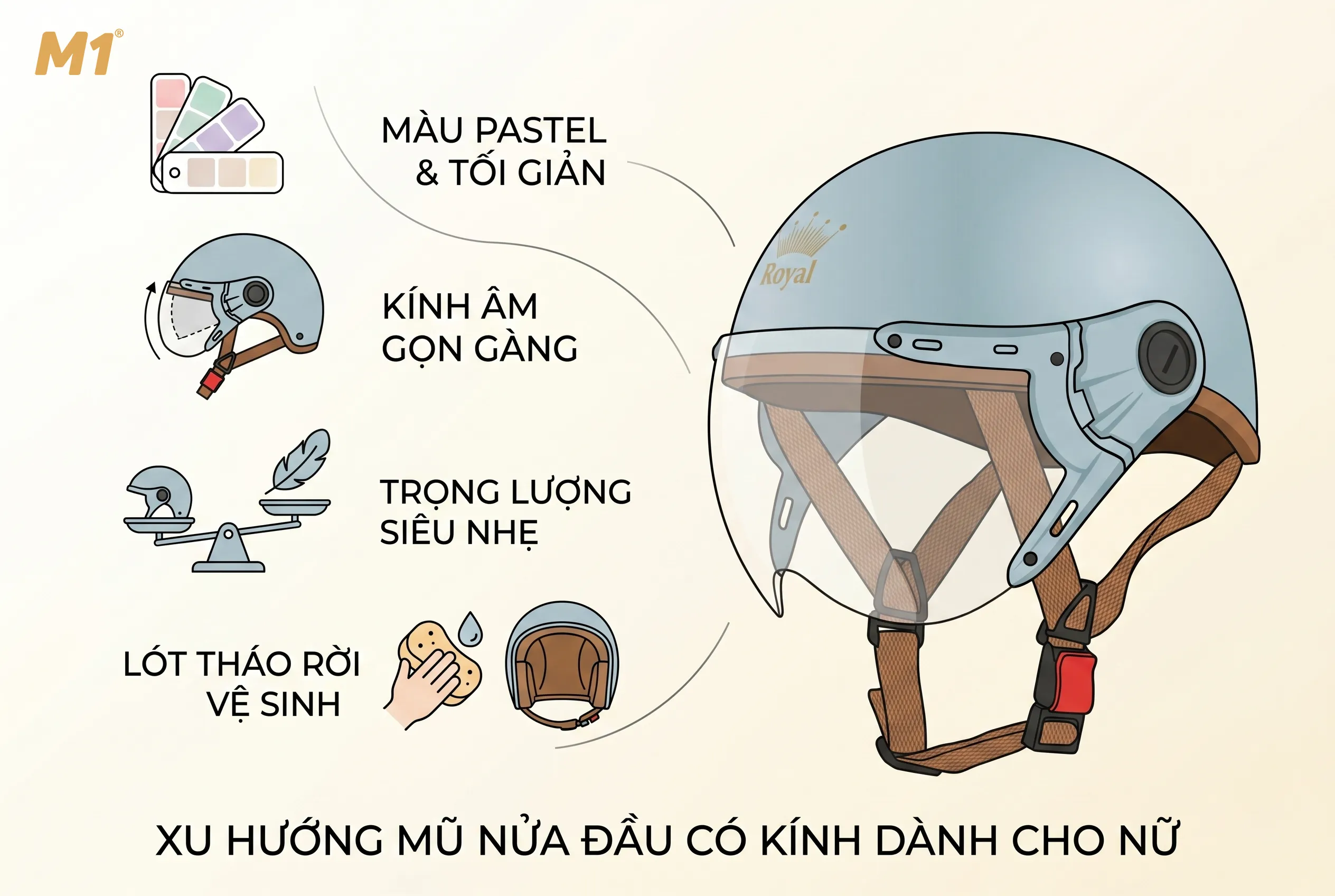 Xu hướng mũ bảo hiểm nửa đầu có kính cho nữ hiện nay