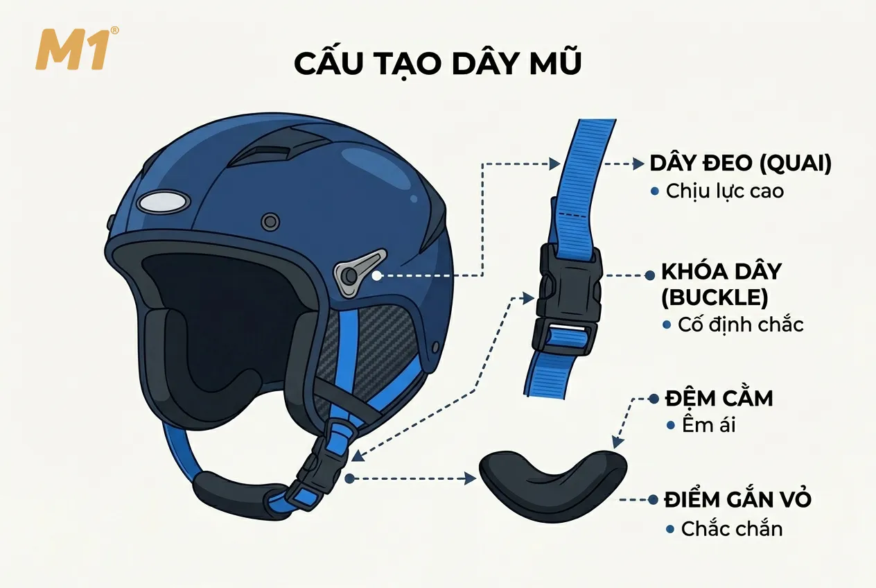 Cấu tạo của dây mũ bảo hiểm