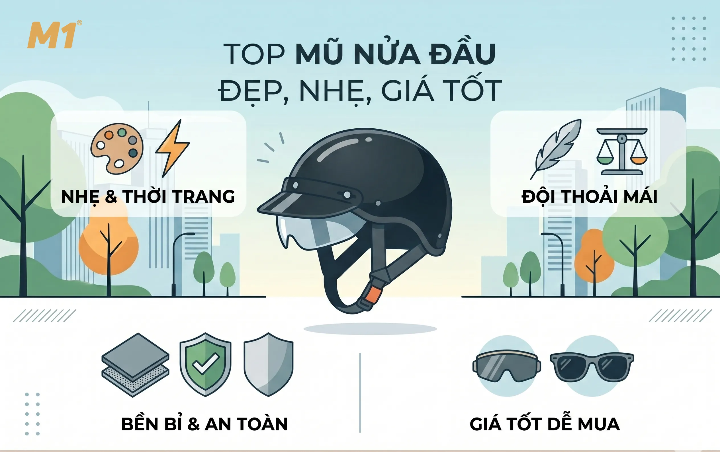 Top mũ nửa đầu đẹp nhẹ giá tốt hiện nay