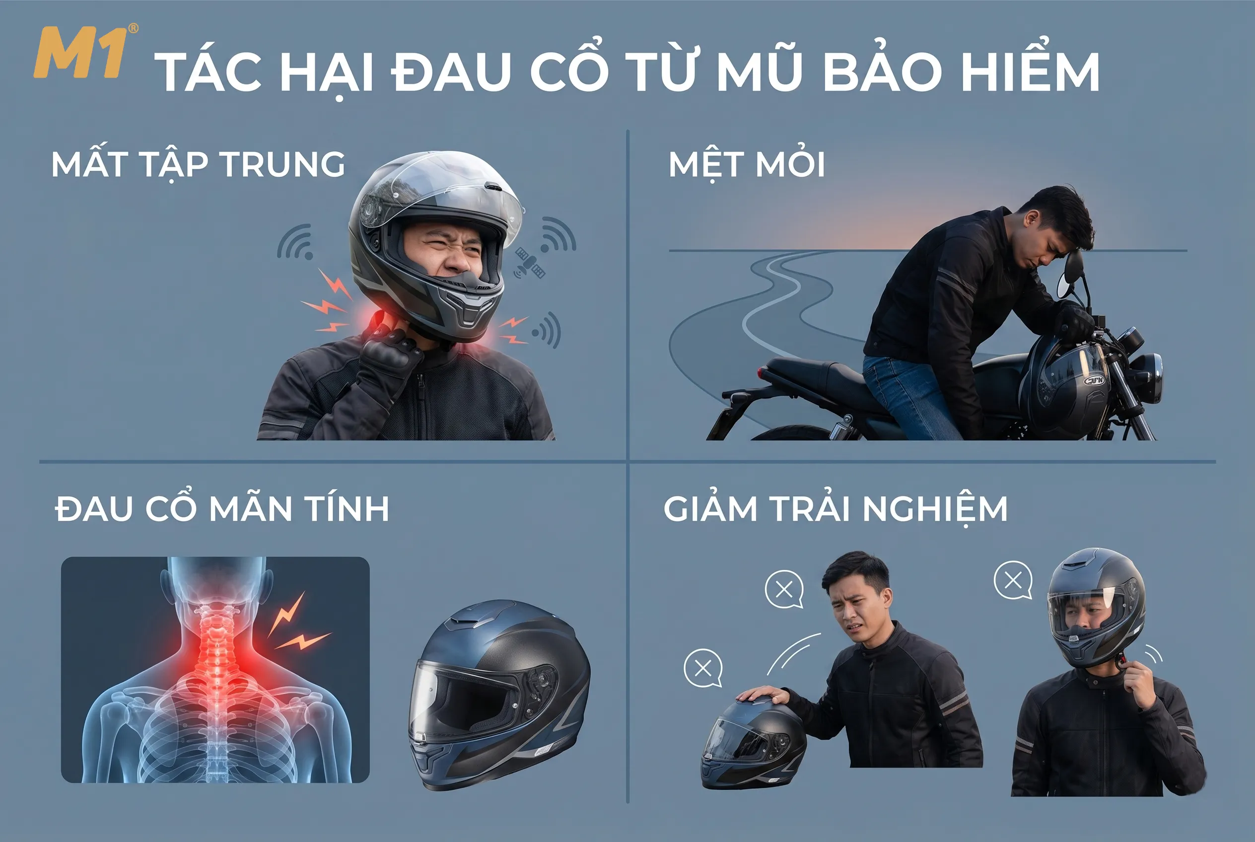 Mũ bảo hiểm gây đau cổ ảnh hưởng như thế nào?
