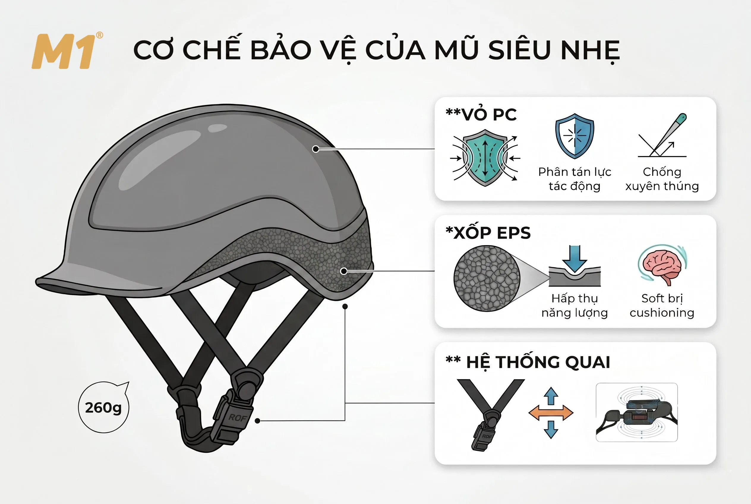 Mũ bảo hiểm siêu nhẹ chống va đập bằng cơ chế nào
