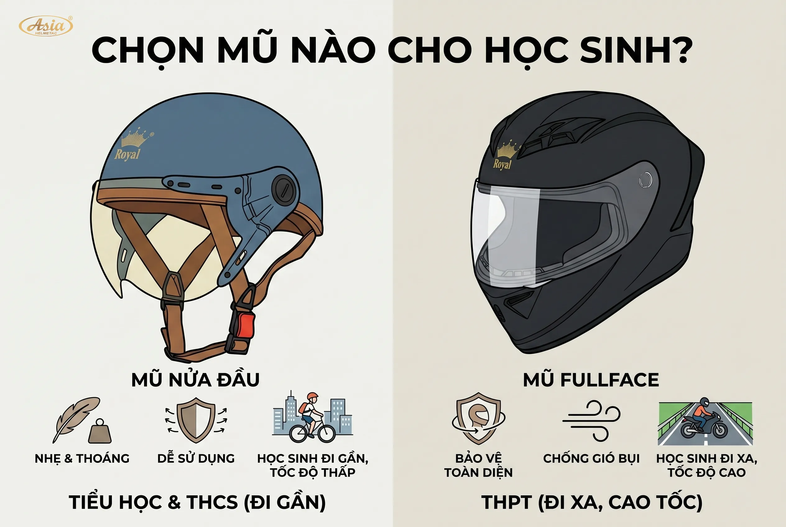 Mũ nửa đầu hay fullface loại nào phù hợp Cho học sinh