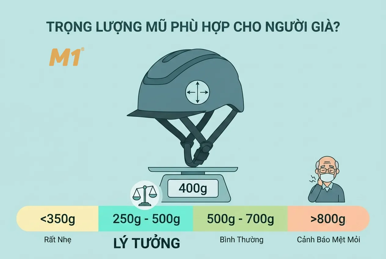 Trọng lượng mũ bảo hiểm bao nhiêu là phù hợp với người cao tuổi