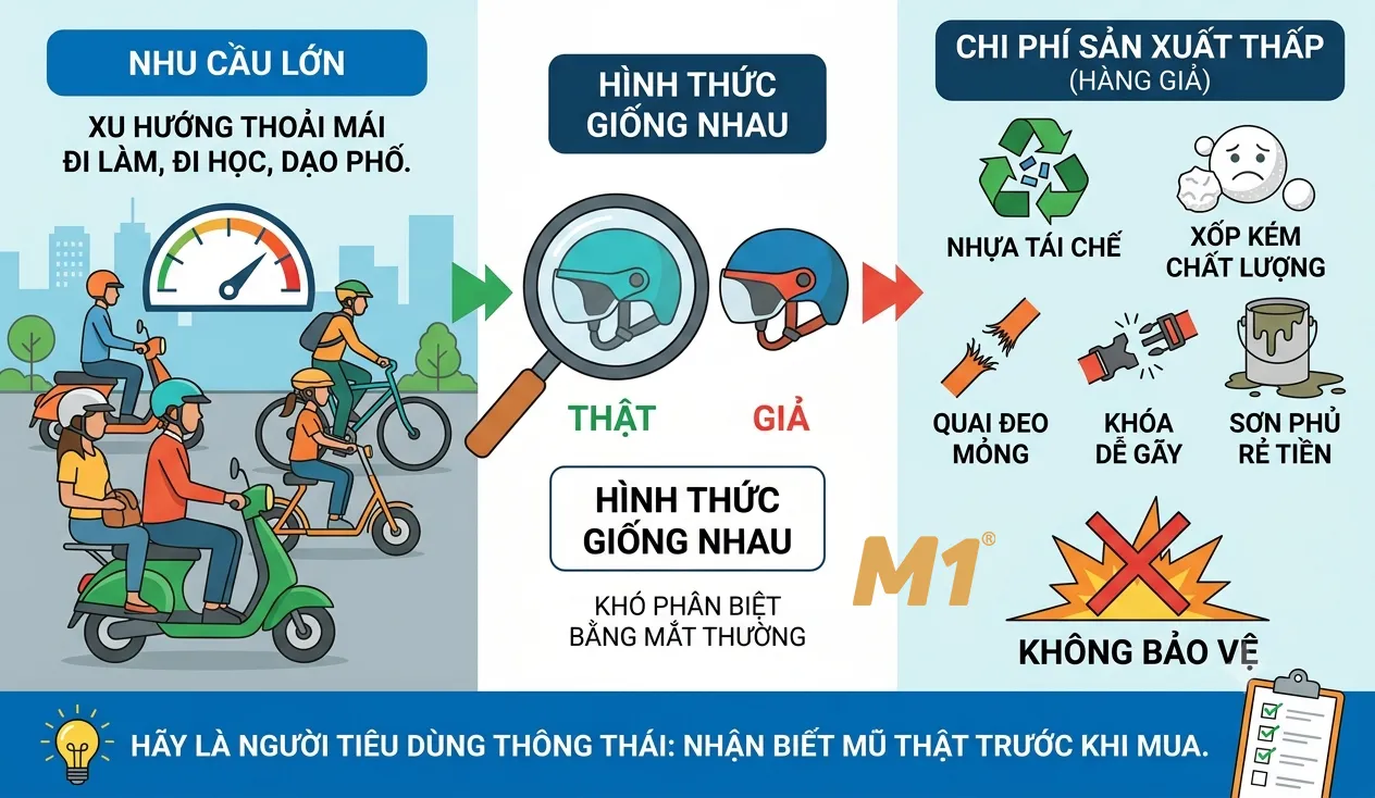Vì sao mũ bảo hiểm siêu nhẹ giả xuất hiện ngày càng nhiều