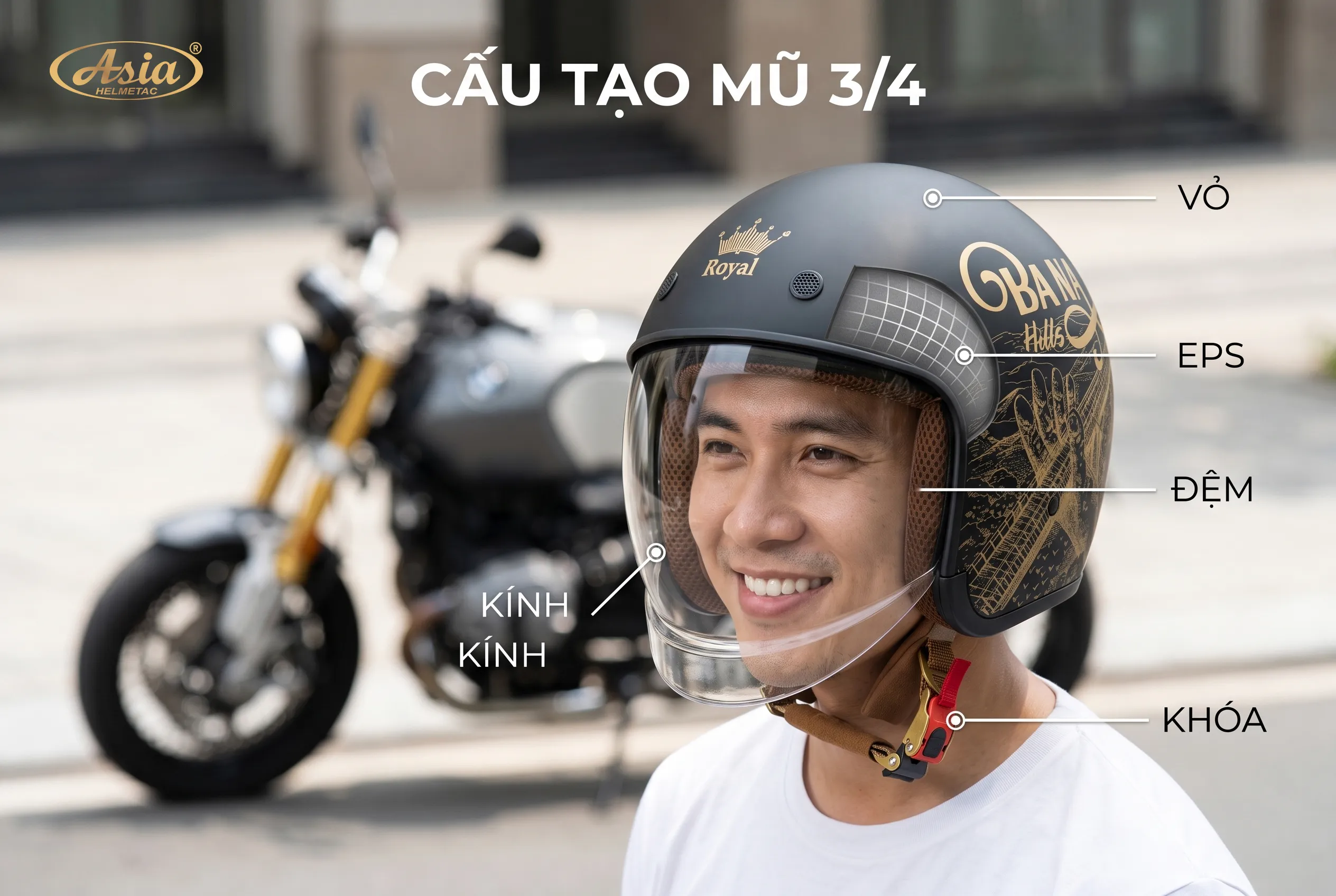 Cấu tạo của mũ bảo hiểm 3/4