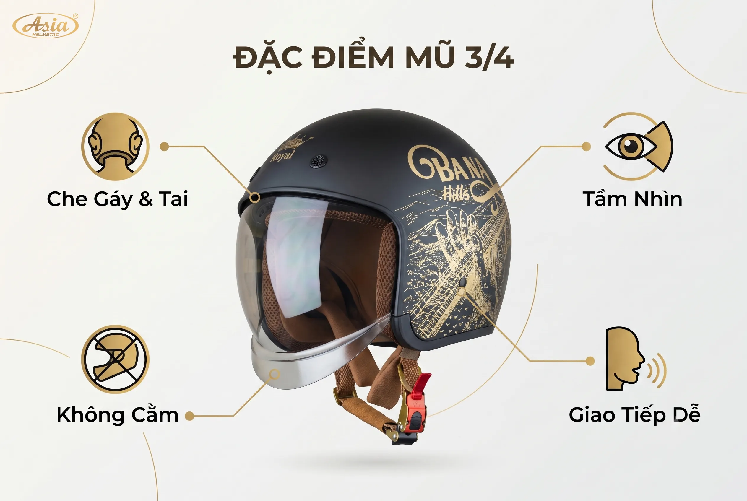 Đặc điểm nhận biết mũ bảo hiểm 3/4