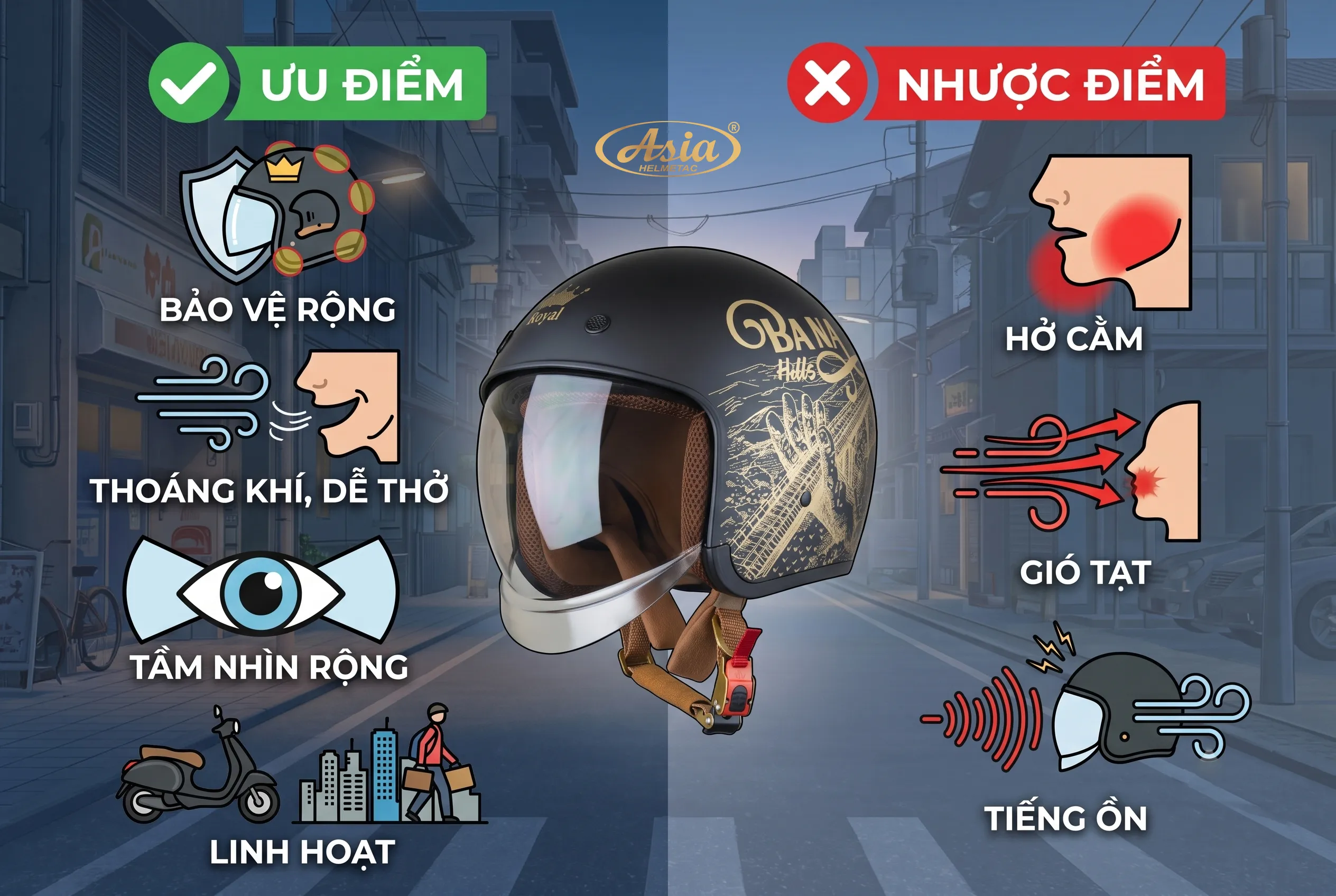 Ưu điểm và nhược điểm của mũ bảo hiểm 3/4