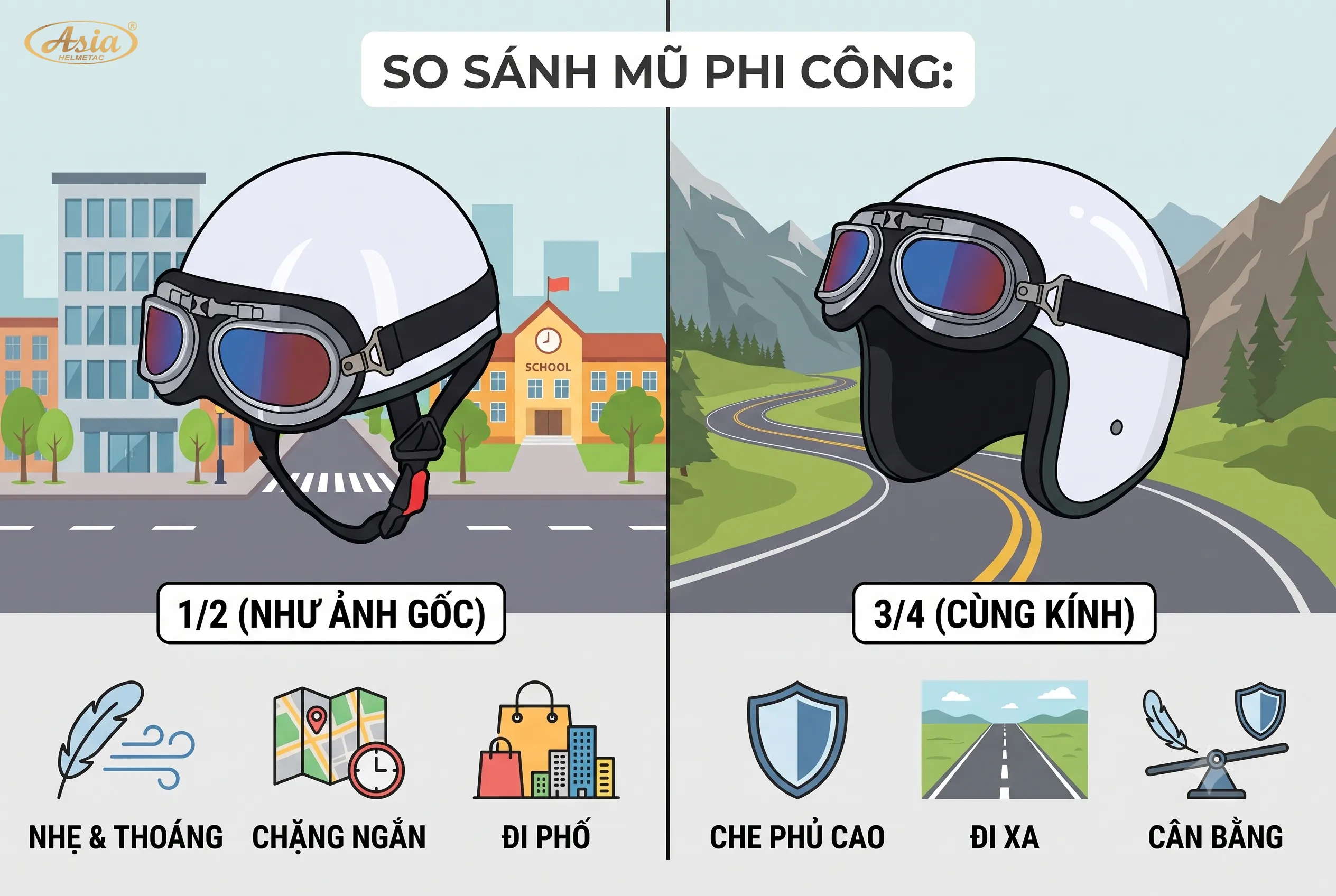 Mũ bảo hiểm kính phi công 1 2 hay 3 4 phù hợp hơn