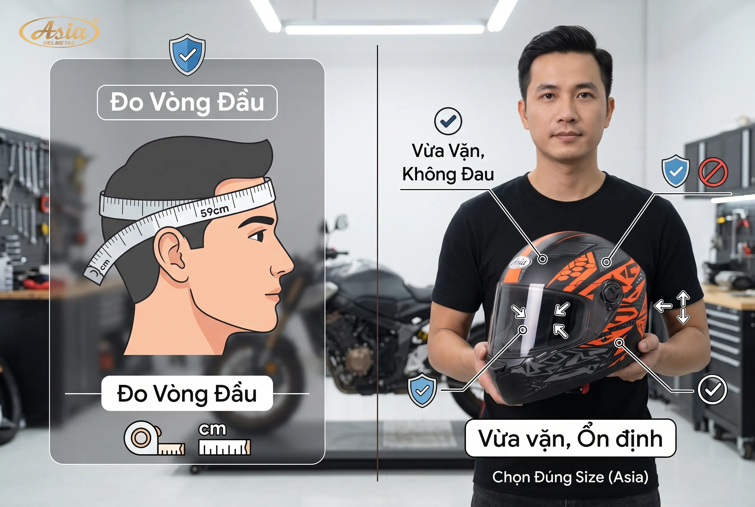 Tiêu chí quan trọng nhất là chọn đúng size mũ Fullface