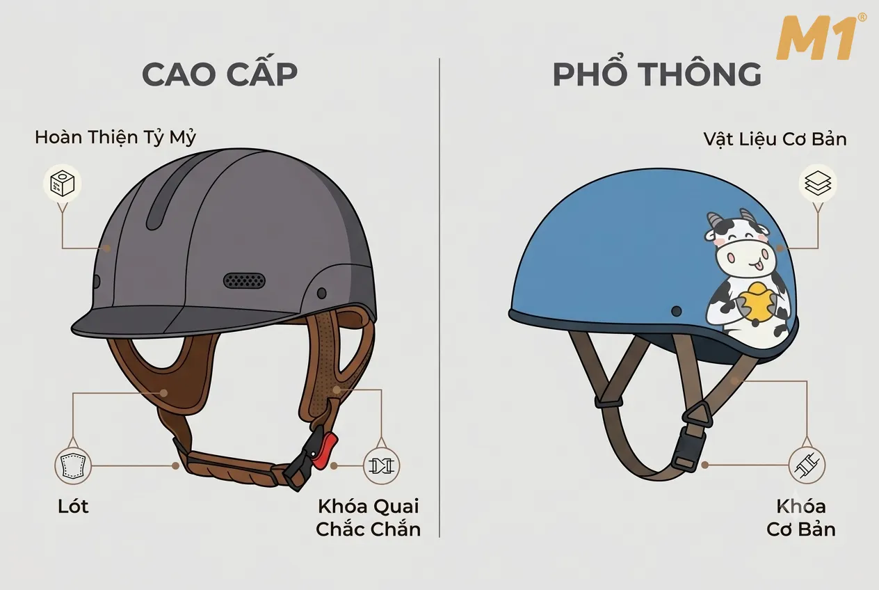 Mũ bảo hiểm nửa đầu cao cấp khác gì sản phẩm phổ thông