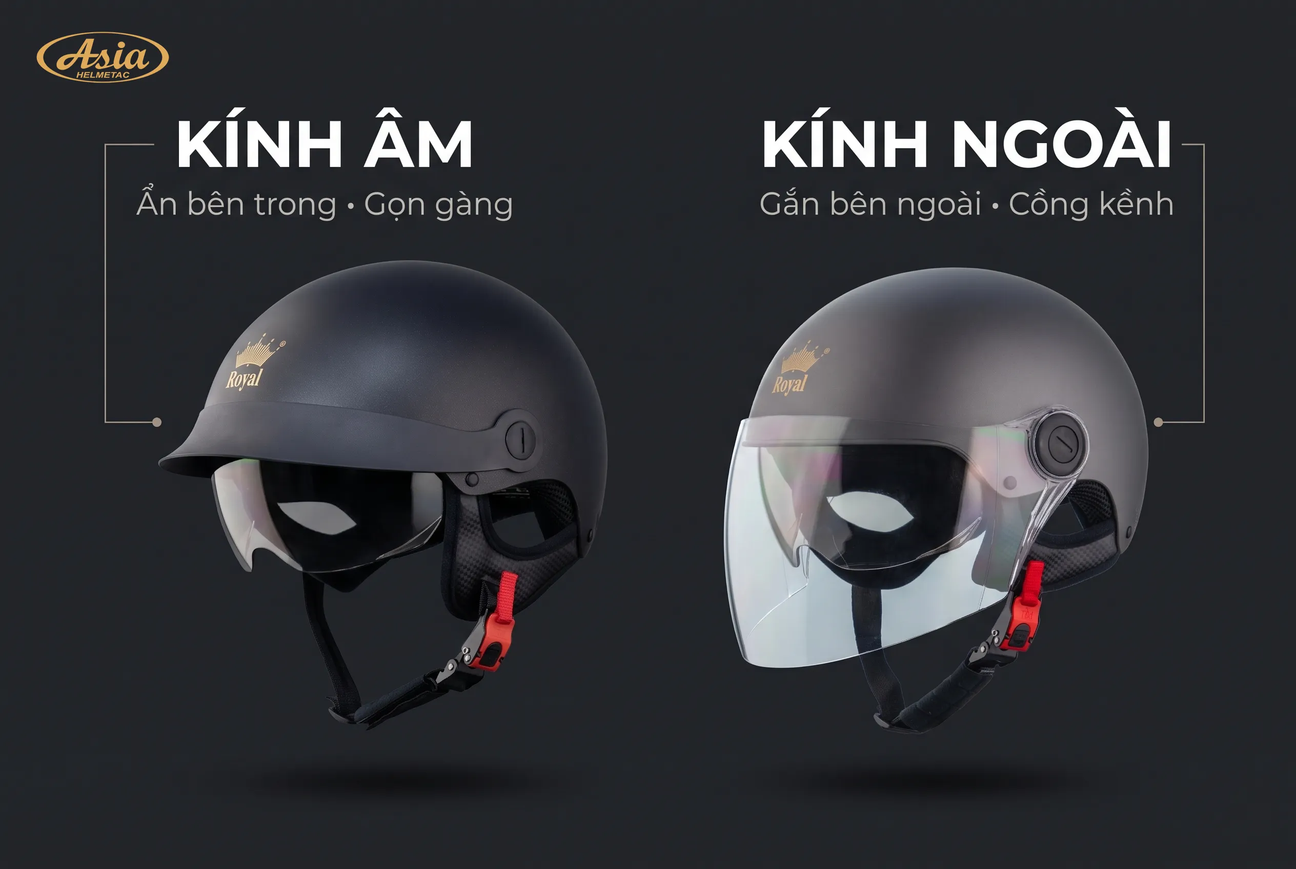 Mũ bảo hiểm nửa đầu có kính âm khác gì kính ngoài
