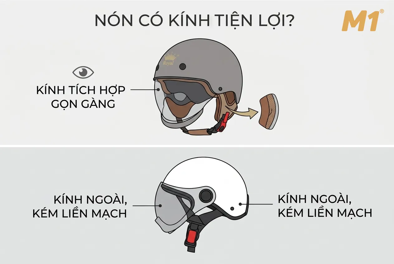 Mũ bảo hiểm nửa đầu có kính có thực sự tiện lợi