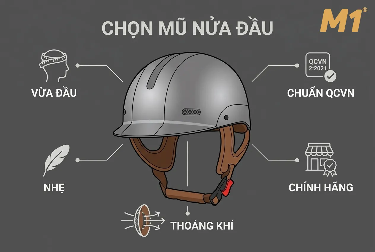 Tiêu chí chọn mũ bảo hiểm nửa đầu phù hợp