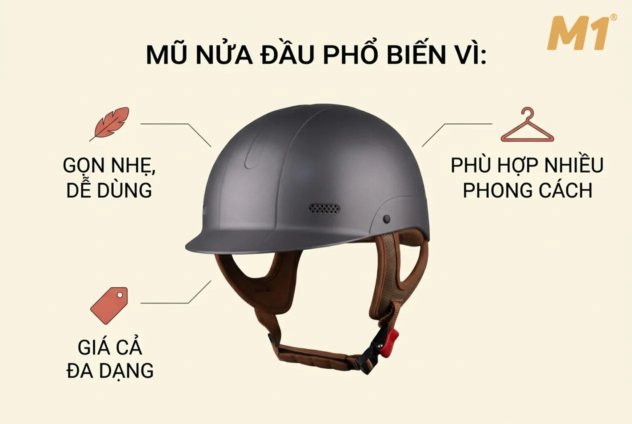 Vì sao mũ bảo hiểm nửa đầu được nhiều người lựa chọn